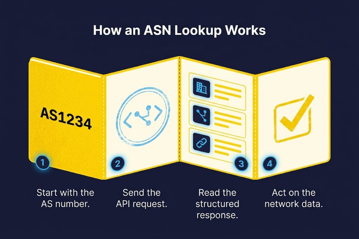 Infographic showing 4 steps of how an ASN lookup works, from AS number to API request to structured network data