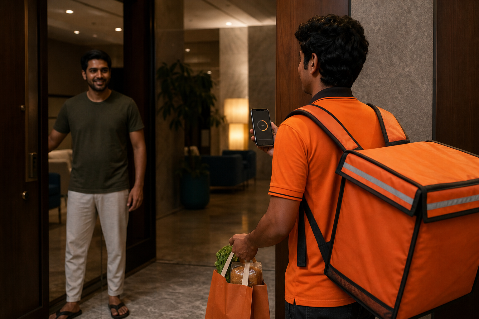 The customer sees a quick doorstep handoff; the real work happened earlier inside the neighbourhood fulfilment system.