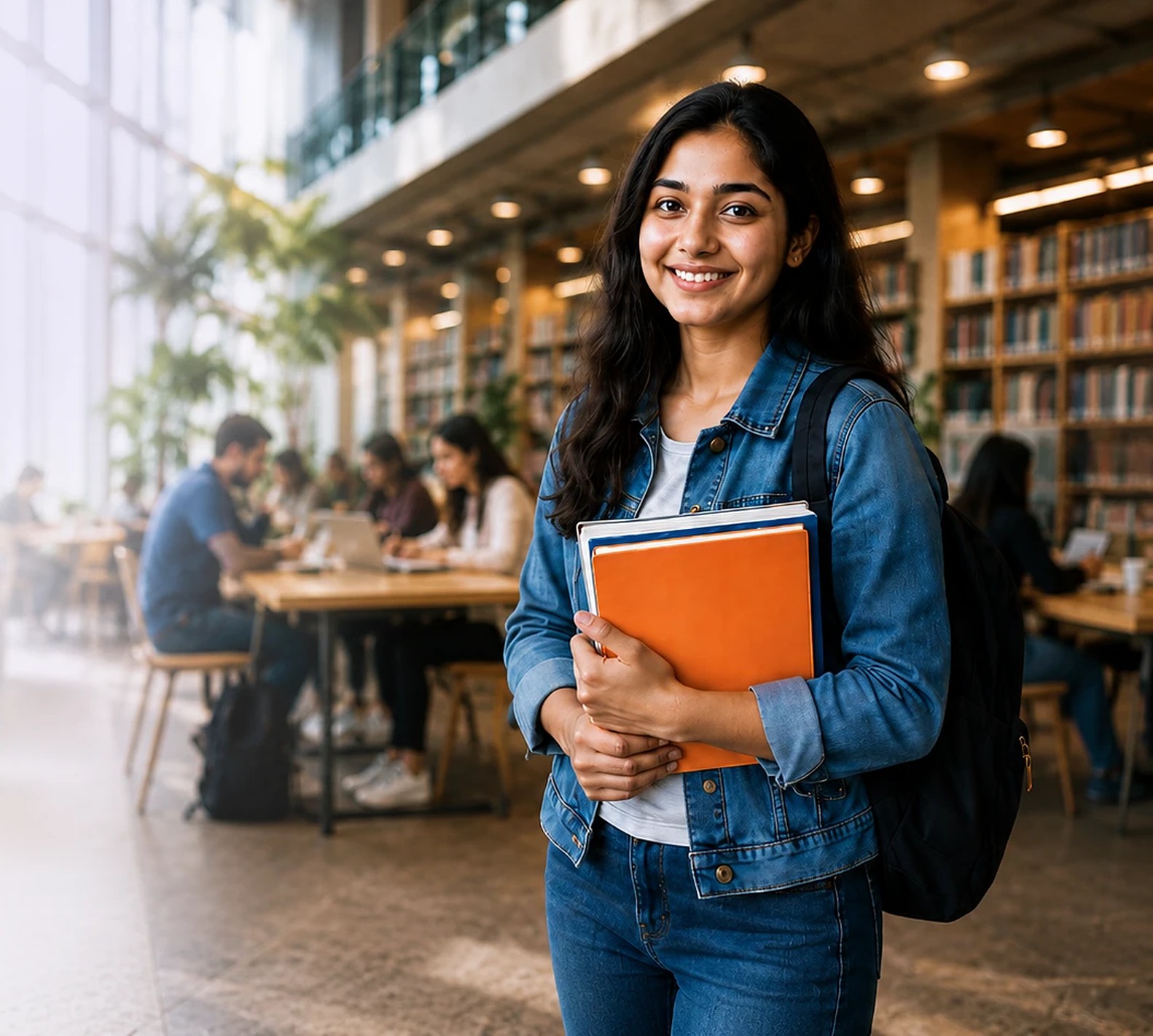 A student on campus carrying her course files between classes
